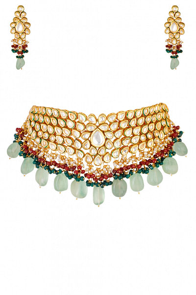 Mint green kundan embellished necklace set