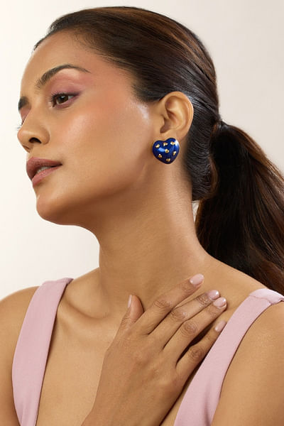 Gold and blue enamel heart stud earrings