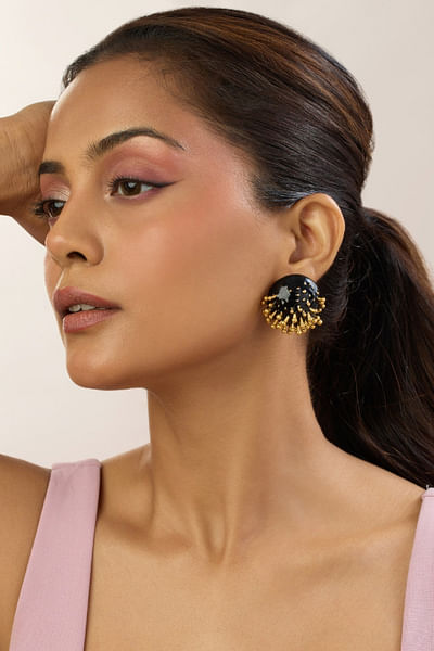 Gold and black enamel round stud earrings