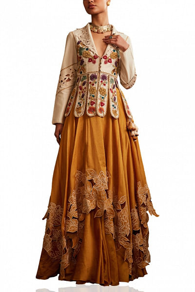 Ivory panelled jacket and lehenga