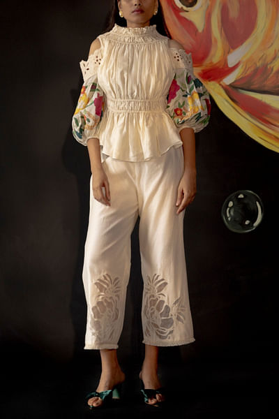 Ivory applique embroidered pants