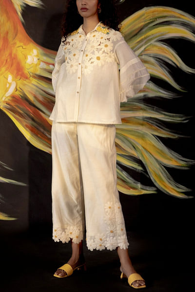 Ivory embroidered pants