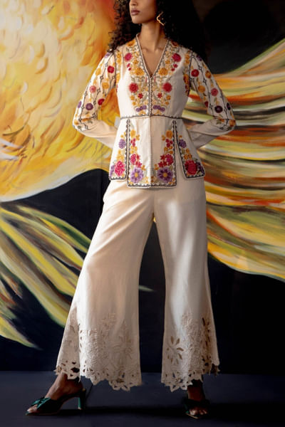 Ivory chanderi bell bottom pants