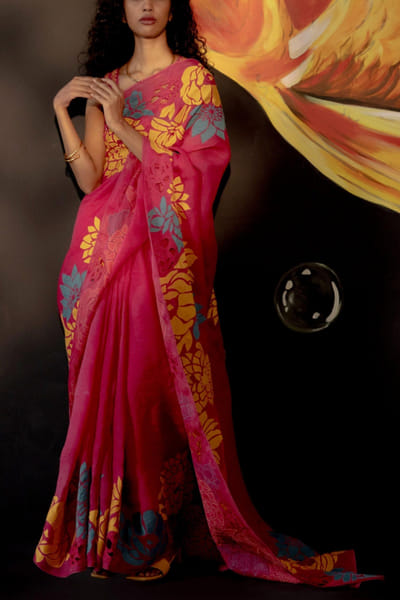 Chandrima Yellow floral organza sari set CHMAUG2220