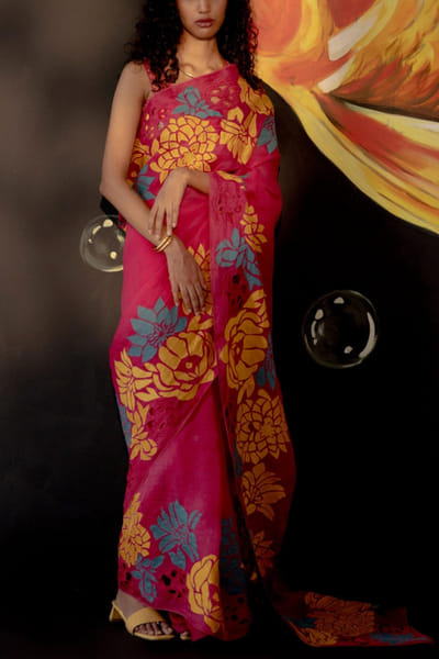 Chandrima Yellow floral organza sari set CHMAUG2220