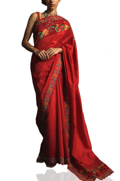 Chandrima Red embroidered chanderi sari CHMCSSJUN03