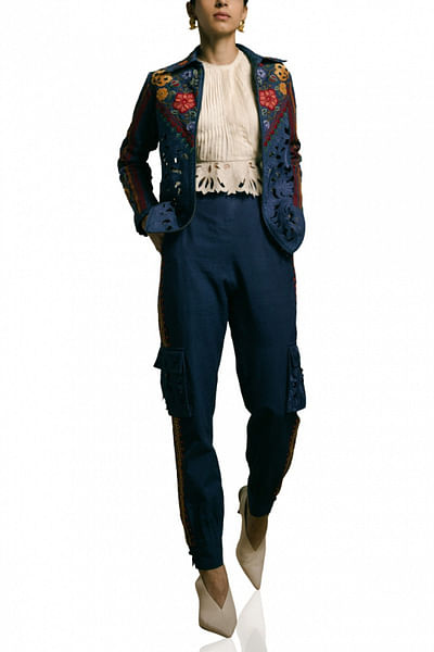 Blue embroidered jacket and pants