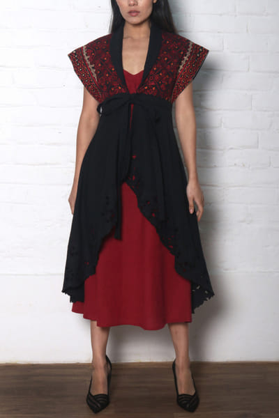 Chandrima Black asymmetric embroidered jacket CHMDRP215