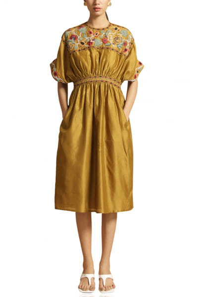 Yellow embroidered chanderi dress