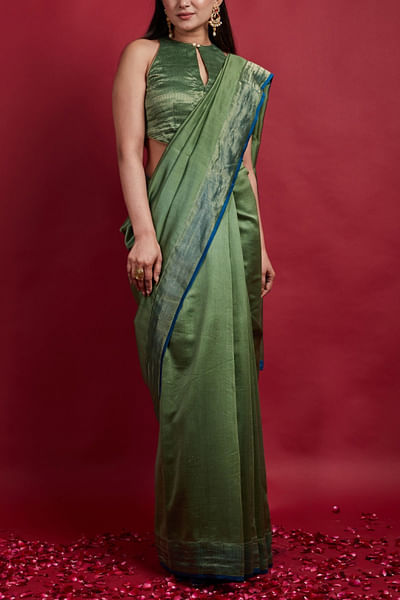Olive green zari woven saree set