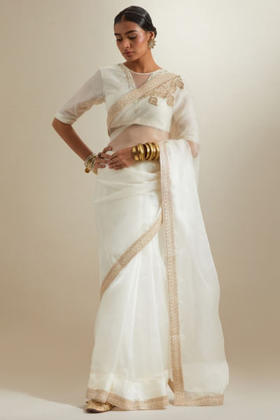 Ivory zardozi hand embroidered sari set
