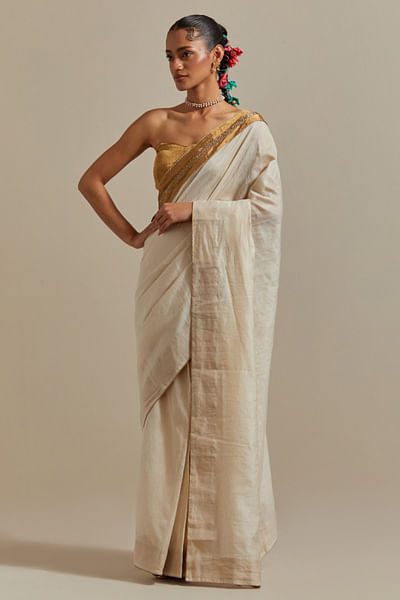 Ivory and gold embroidered pre-draped sari set