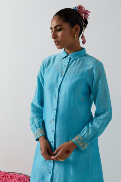 Blue embroidered chanderi jacket kurta set