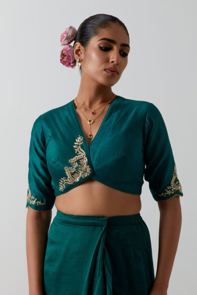 Green zari embroidered katan sari set