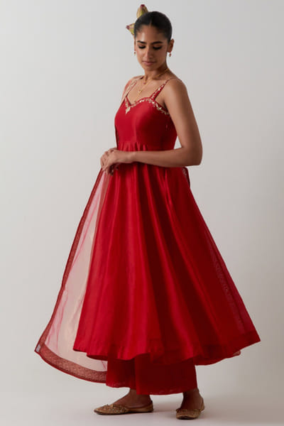 Red zardozi embroidered chanderi anarkali set
