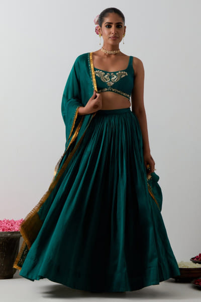 Green peacock embroidered chanderi lehenga set