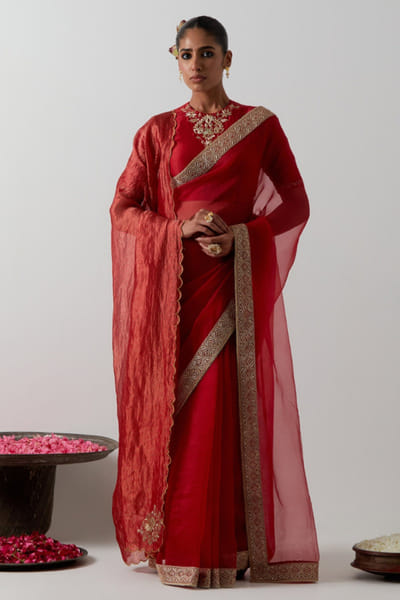 Red embroidered katan organza sari set
