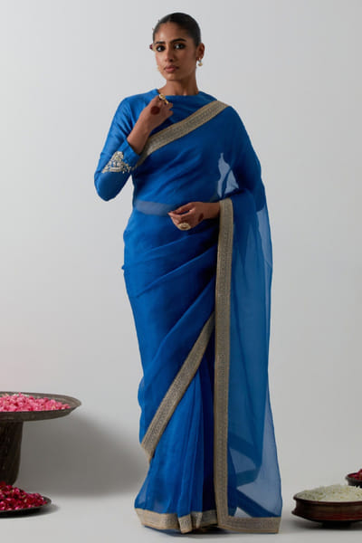 Cobalt blue embroidered organza sari set