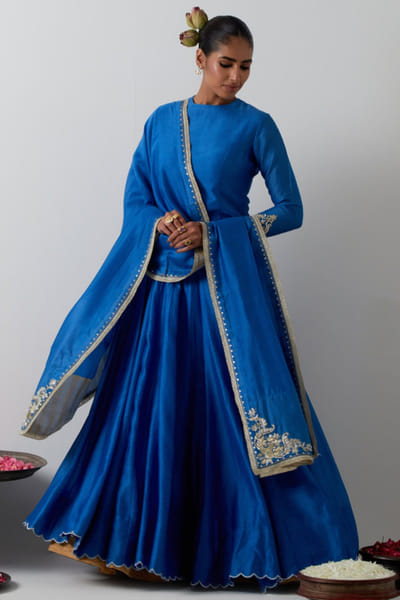 Cobalt blue embroidered chanderi lehenga set