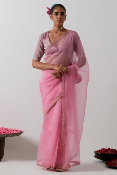 Pink embroidered katan organza sari set