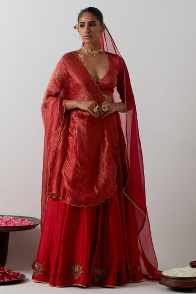 Red dabka embroidered chanderi lehenga set