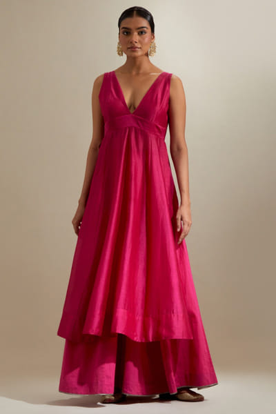 Hot pink embroidered anarkali and palazzo set