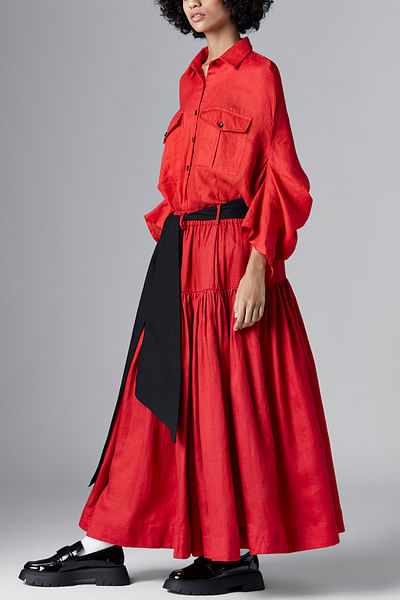 Red linen gathered skirt