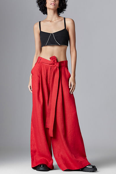 Dark red pleated linen trousers