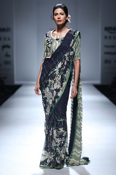 Printed, embroidered sari with blouse and jacket