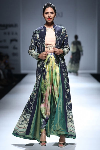 Printed front-open jacket with corset and dhoti