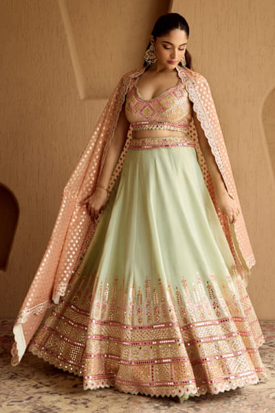 Mint resham embroidered lehenga set