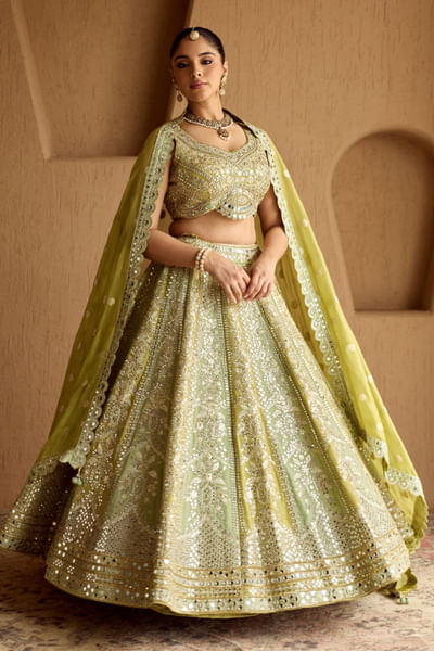 Green mirror embroidered lehenga set