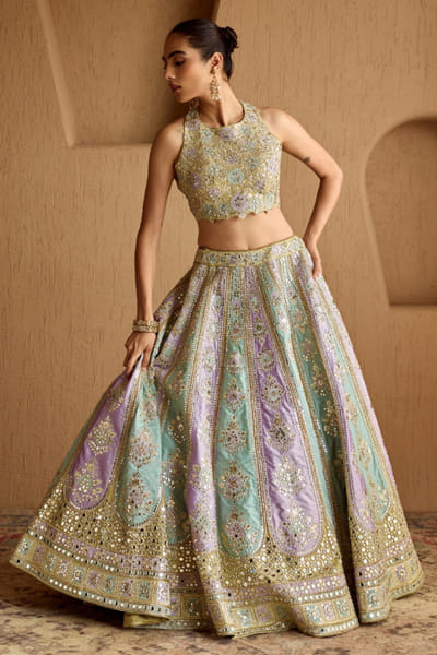 Lime green mirror embroidered lehenga set