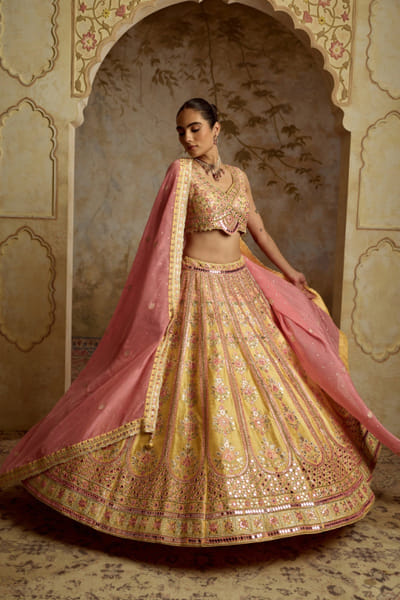 Yellow mirror embroidered lehenga set
