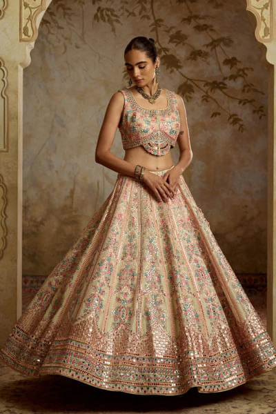 Ivory resham embroidered tissue lehenga set