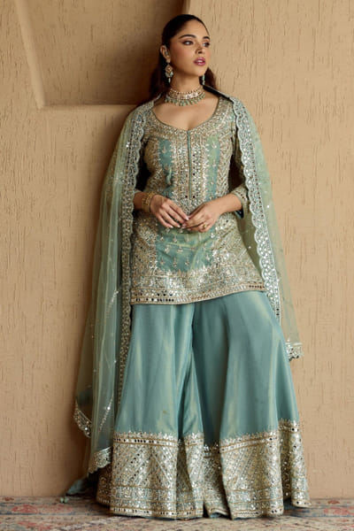 Suhino Green mirror embroidered sharara set SUHNOV25D137713