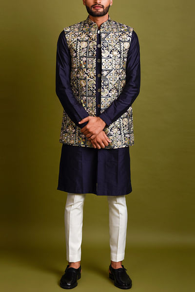 Navy embroidered silk kurta set