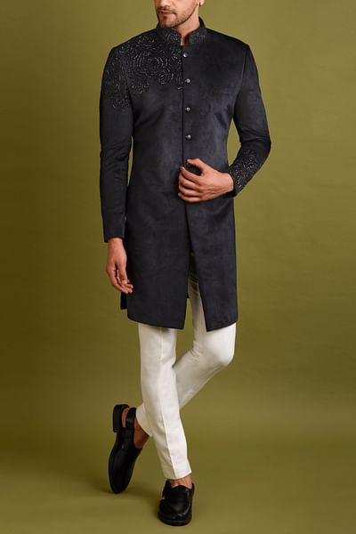 Black velvet sherwani set