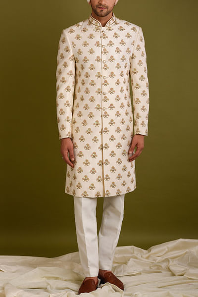 Beige floral sherwani set