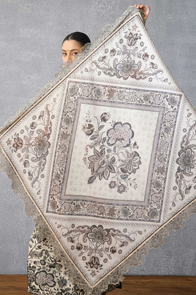 Black and white floral chanderi printed scarf