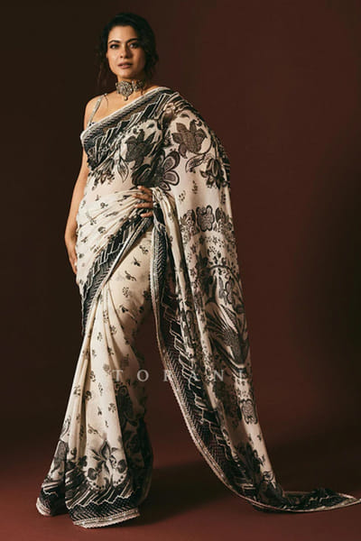 Black and ivory floral printed sari set