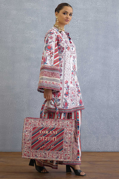 Multicolour floral and stripe printed tote bag