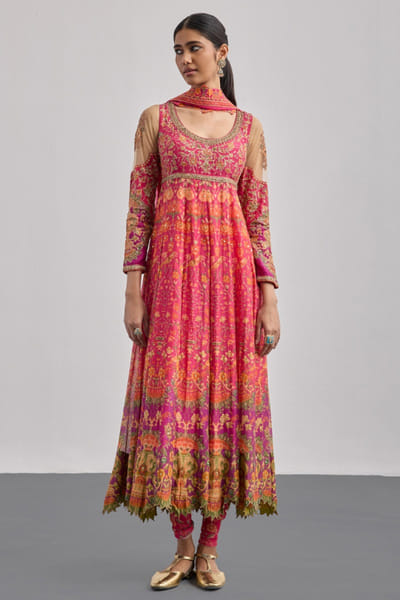 Ri Ritu Kumar Fuchsia printed embroidered flared kurta set RIRIAUG26D151779