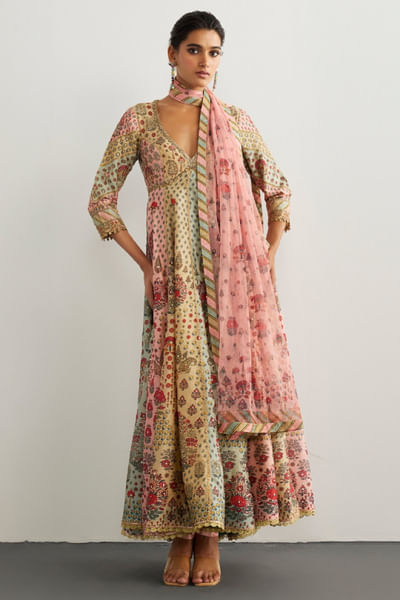 Multicolour printed anarkali set