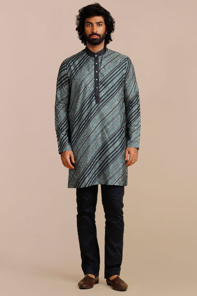 Teal blue chevron printed kurta