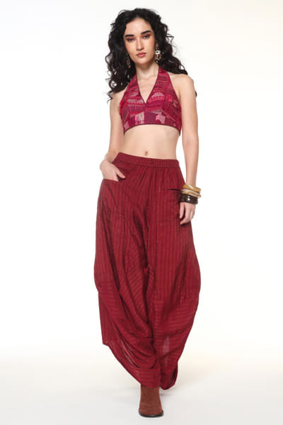 Capisvirleo Raspberry jute linen draped dhoti pants CAPIJUL26D149965