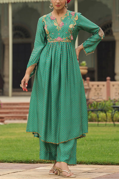 Turquoise chintz print appliqued kurta set