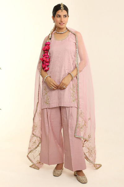 Blush pink hand-embroidered short kurta set