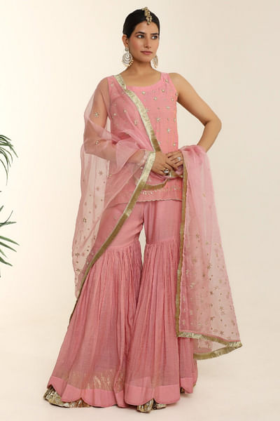 Rose pink hand embroidered kurta gharara set