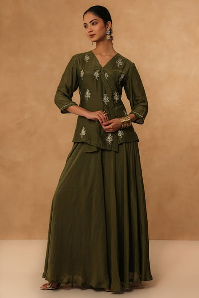 Olive green embroidered kurta palazzo set